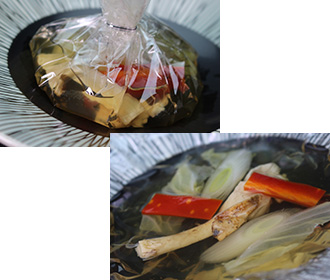 河豚と野菜のお吸い物松茸の香り